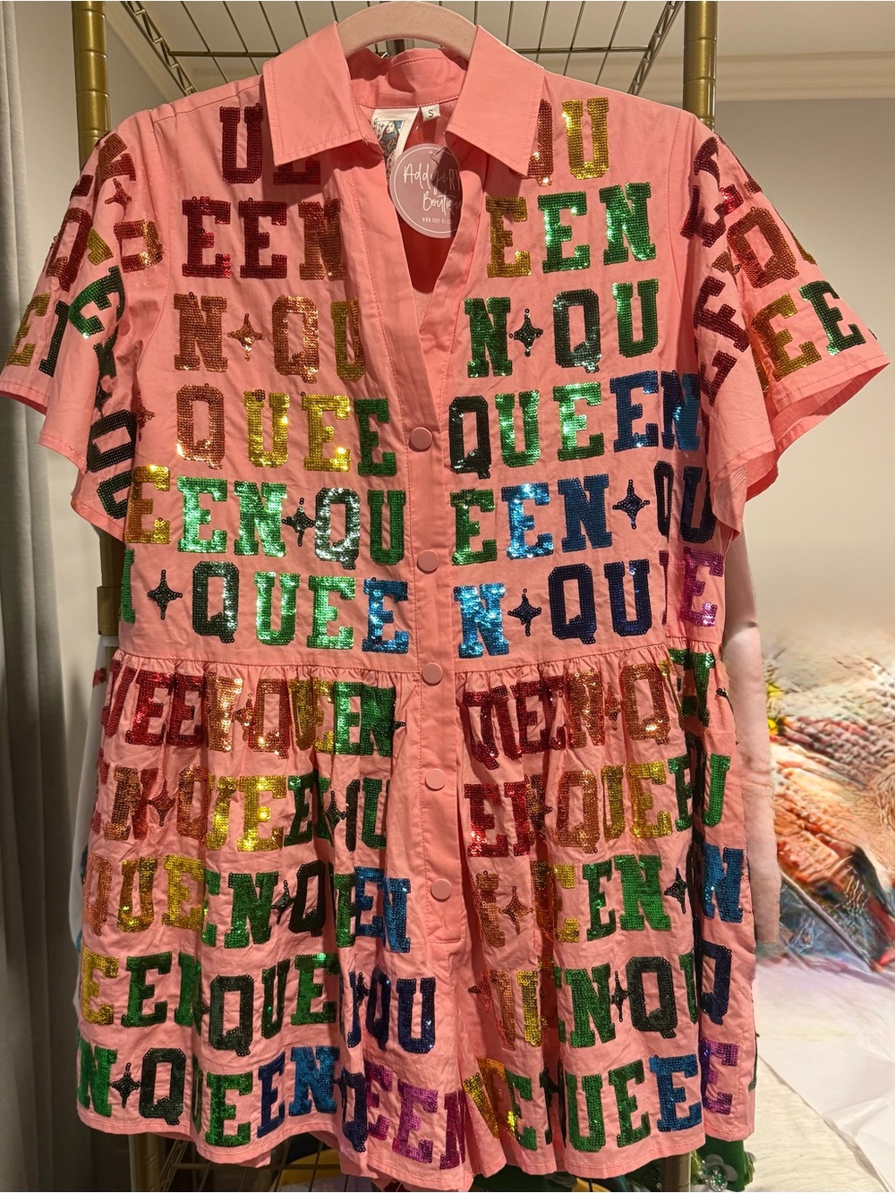 QUEEN OF SPARKLES Pink Sequin Lettering Short-Sleeve Romper